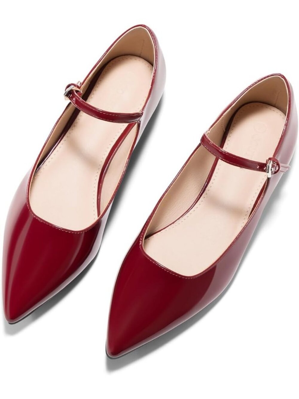 Women's Burgundy Leather Mary Jane Closed Pointed Toe Ballet Flats Work Shoes